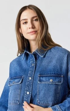 Mavi TAMARA OVERSIZED DENIM SHIRT IN DARK DISTRESSED TRUE BLUE