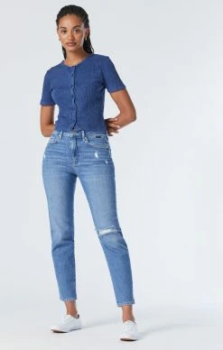 Mavi SOHO GIRLFRIEND JEANS IN MID DISTRESSED RECYCLED BLUE Denim